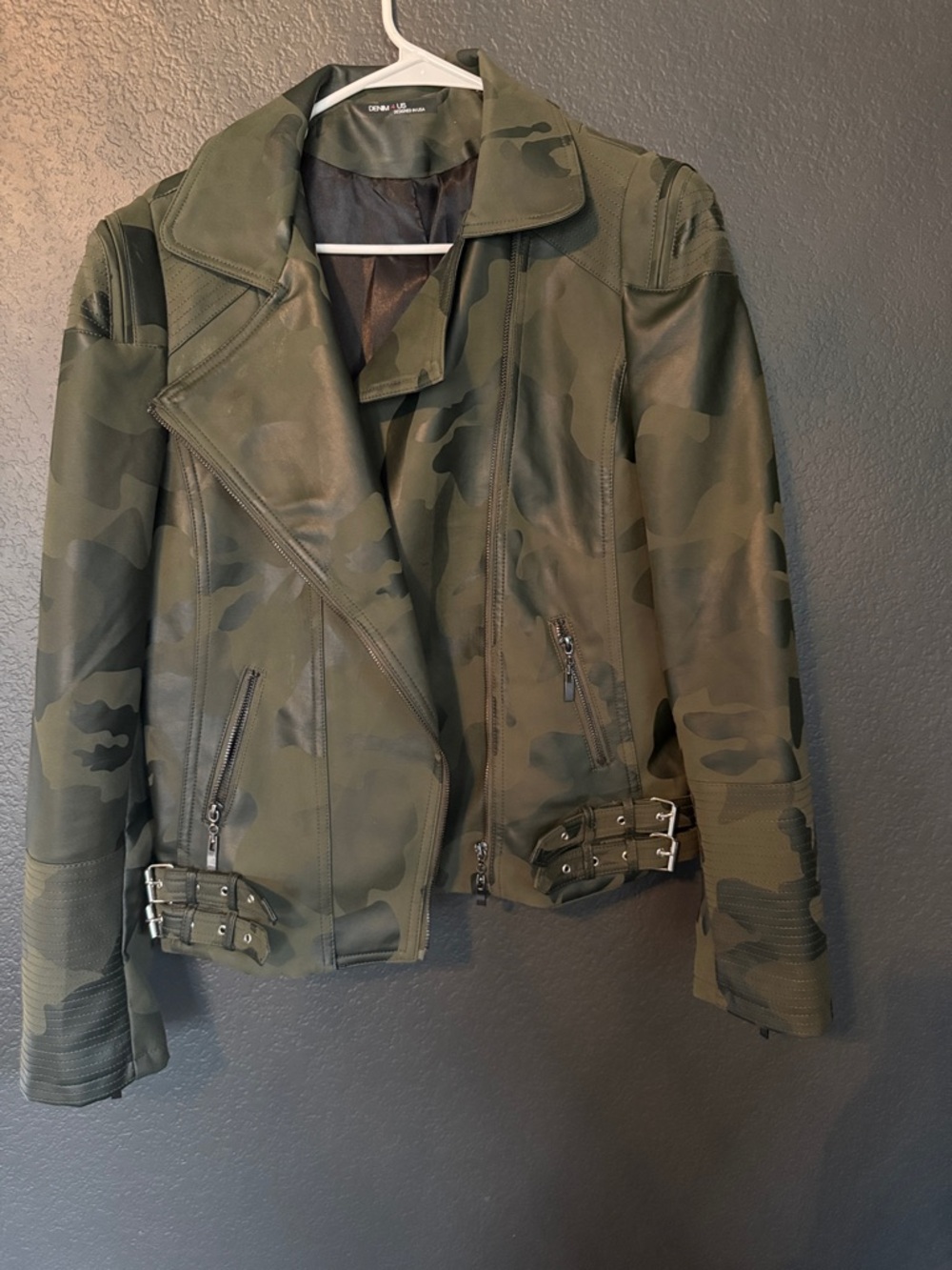 Olive Camo Moto Faux Leather Jacket with Buckle Accents